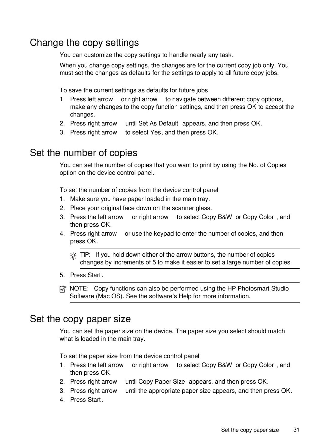 HP J4660 manual Change the copy settings, Set the number of copies, Set the copy paper size 