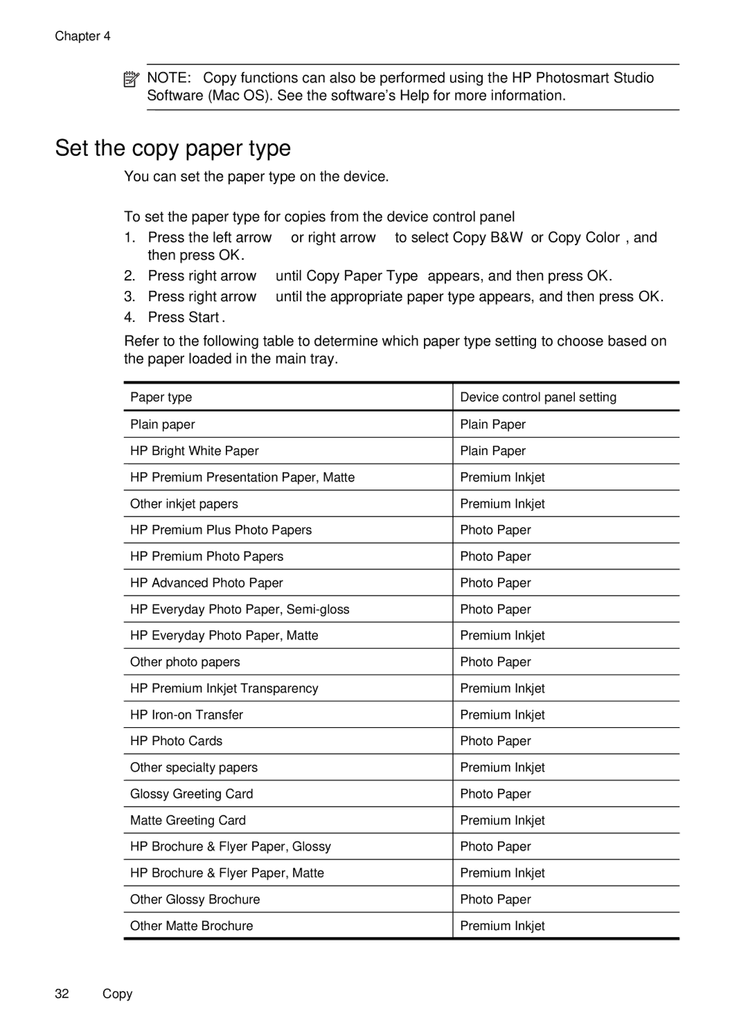 HP J4660 manual Set the copy paper type, Paper type Device control panel setting 