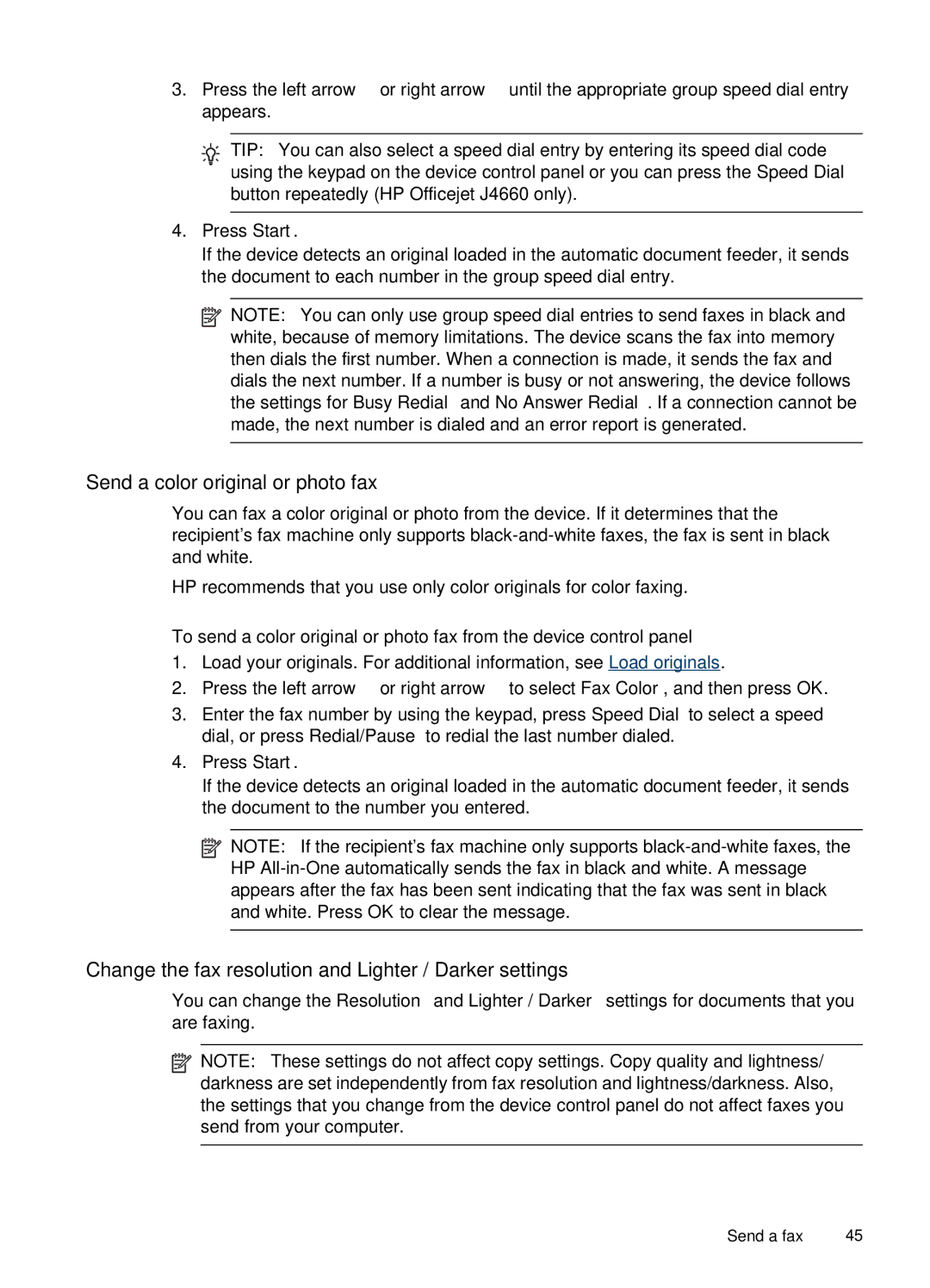 HP J4660 manual Send a color original or photo fax, Change the fax resolution and Lighter / Darker settings 