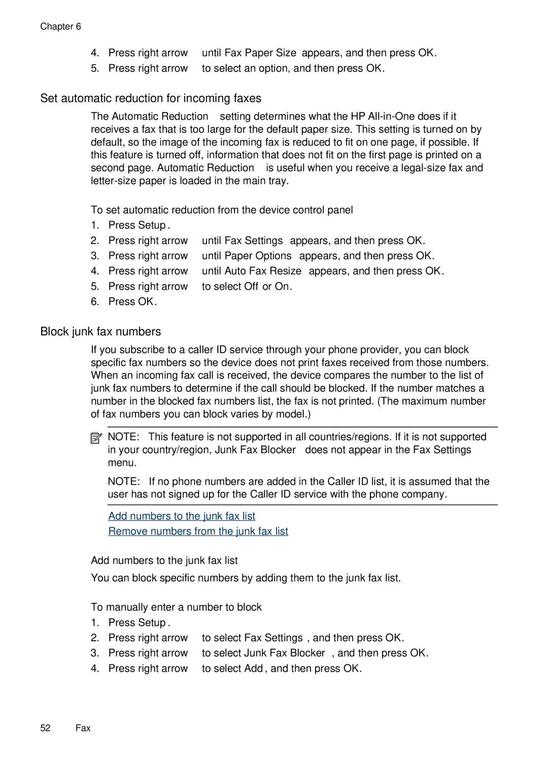 HP J4660 manual Set automatic reduction for incoming faxes, Block junk fax numbers, Add numbers to the junk fax list 
