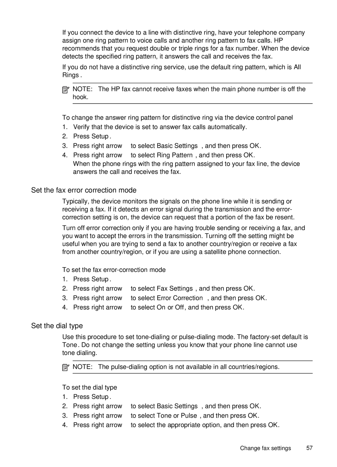 HP J4660 Set the fax error correction mode, Set the dial type, To set the fax error-correction mode, To set the dial type 