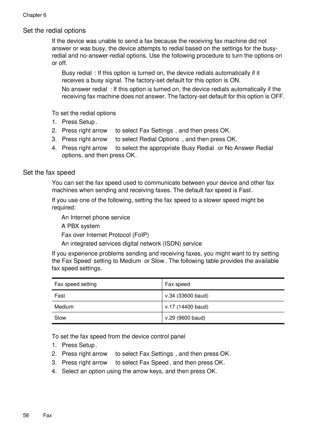 HP J4660 manual Set the redial options, Set the fax speed, To set the redial options 