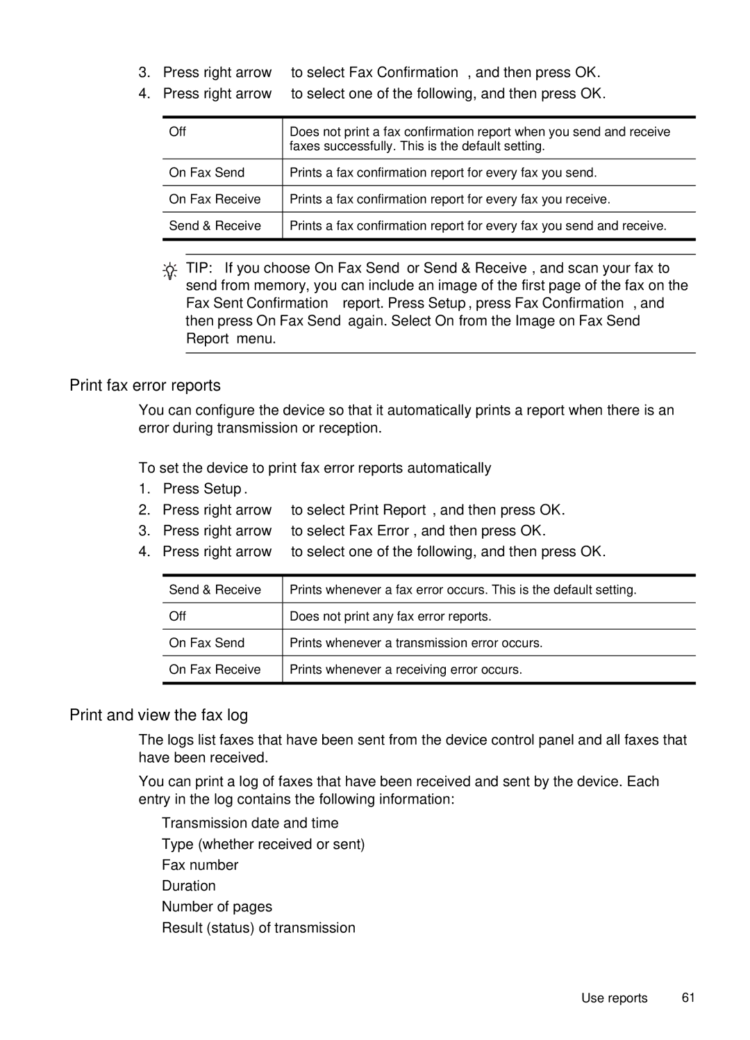 HP J4660 Print fax error reports, Print and view the fax log, To set the device to print fax error reports automatically 