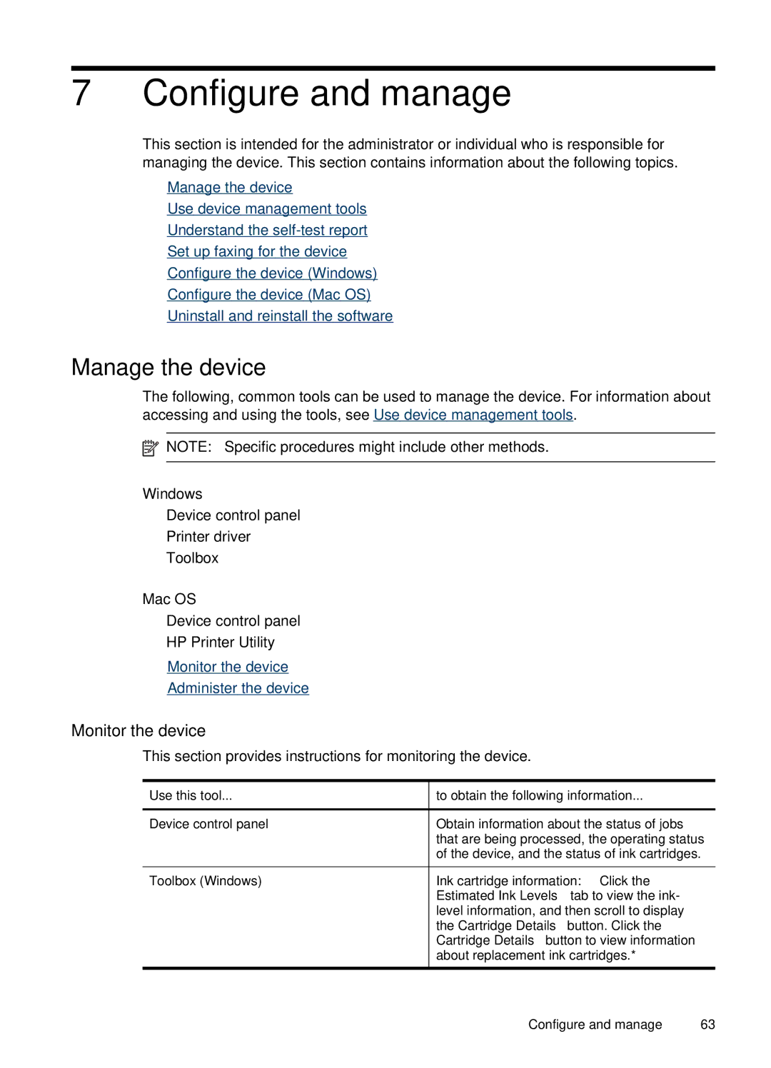 HP J4660 manual Configure and manage, Manage the device, Monitor the device, Windows, Mac OS 