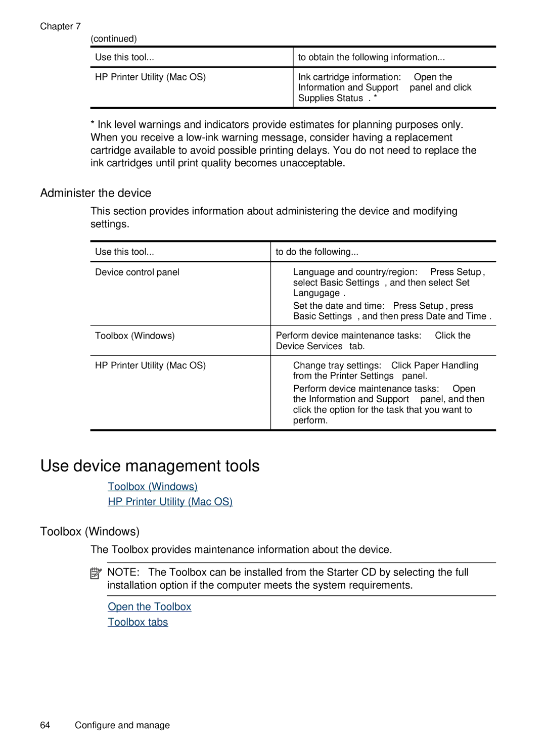 HP J4660 manual Use device management tools, Administer the device, Toolbox Windows 