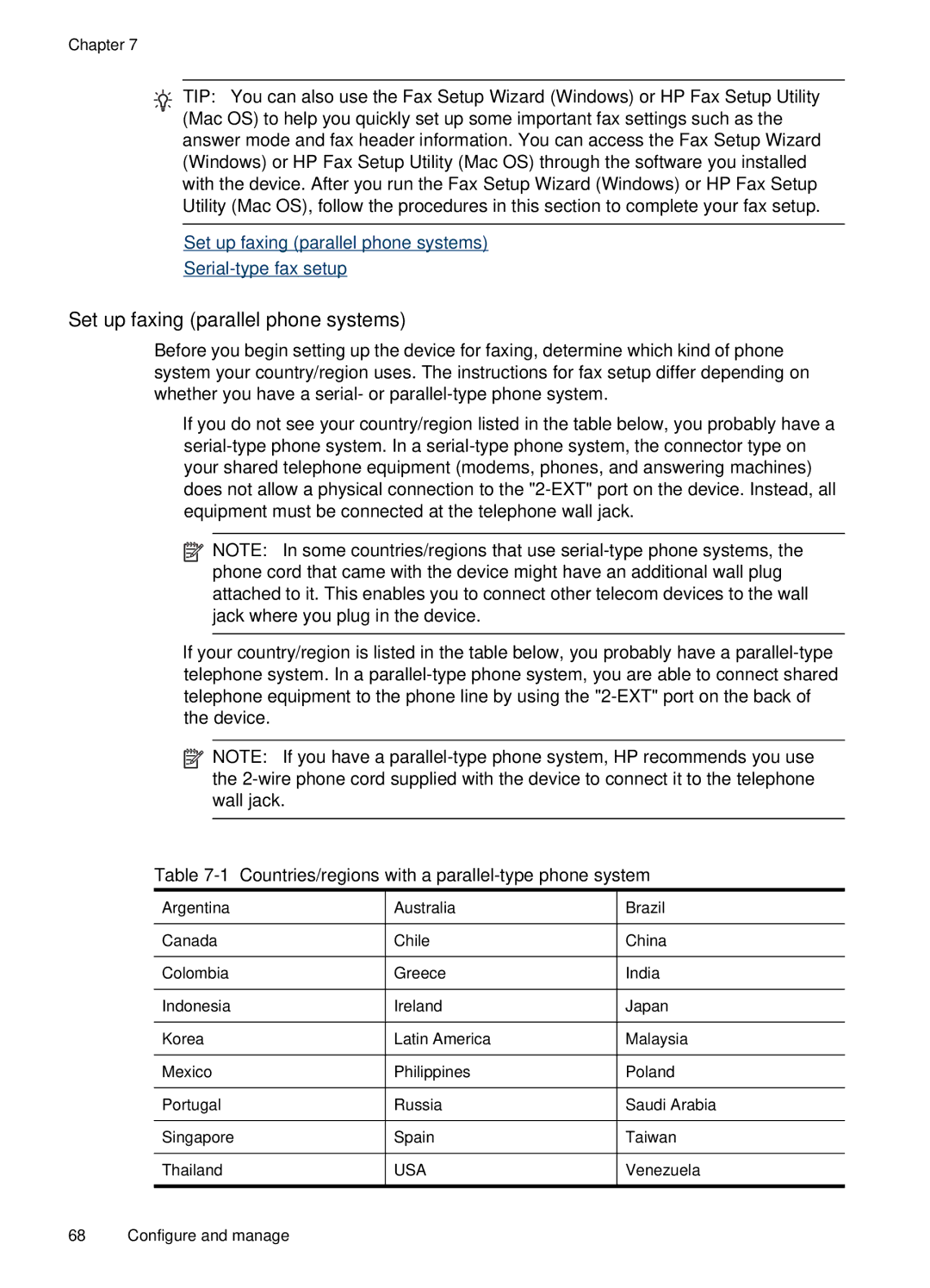 HP J4660 manual Set up faxing parallel phone systems, Countries/regions with a parallel-type phone system 