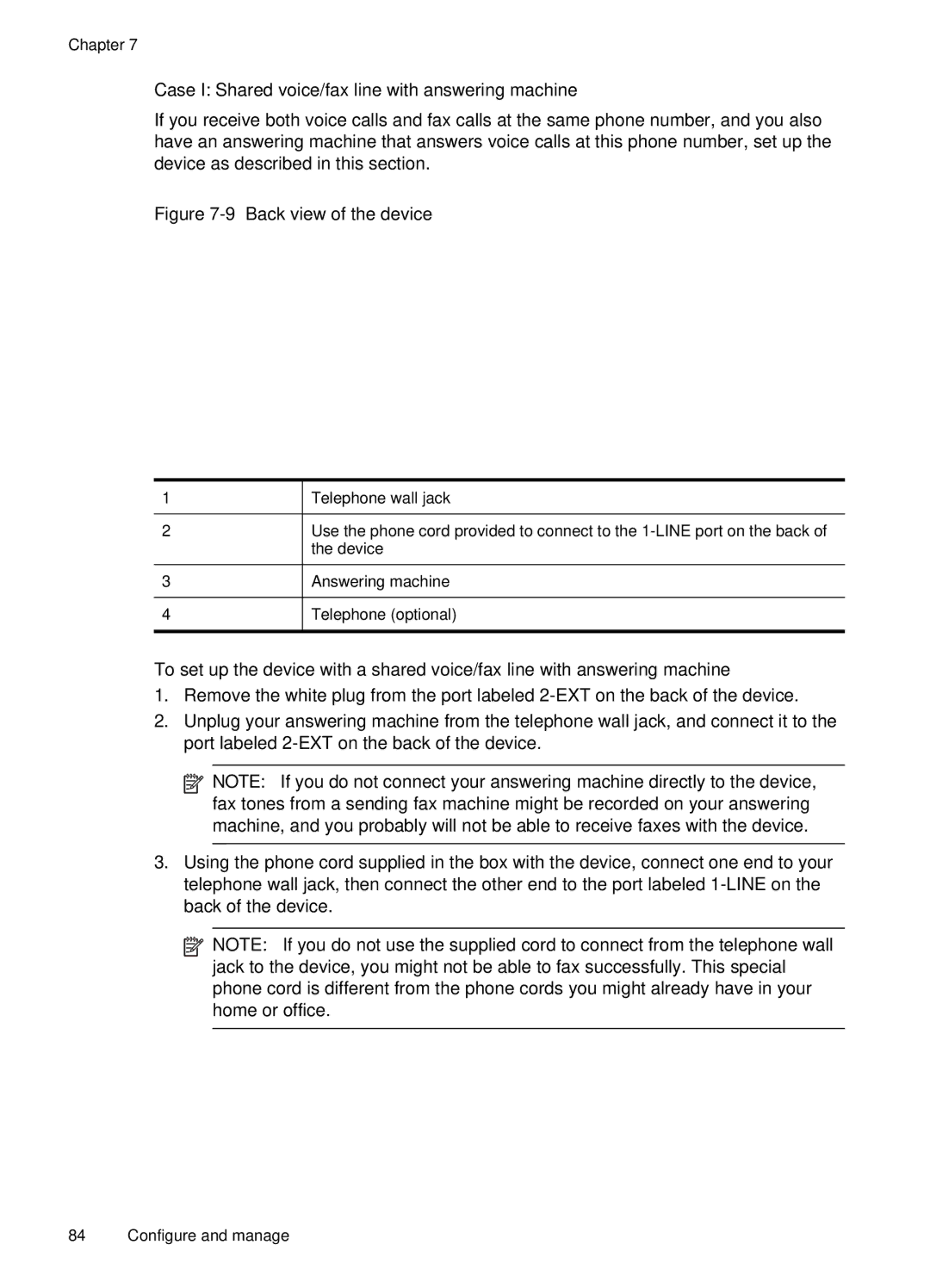 HP J4660 manual Case I Shared voice/fax line with answering machine, Back view of the device 