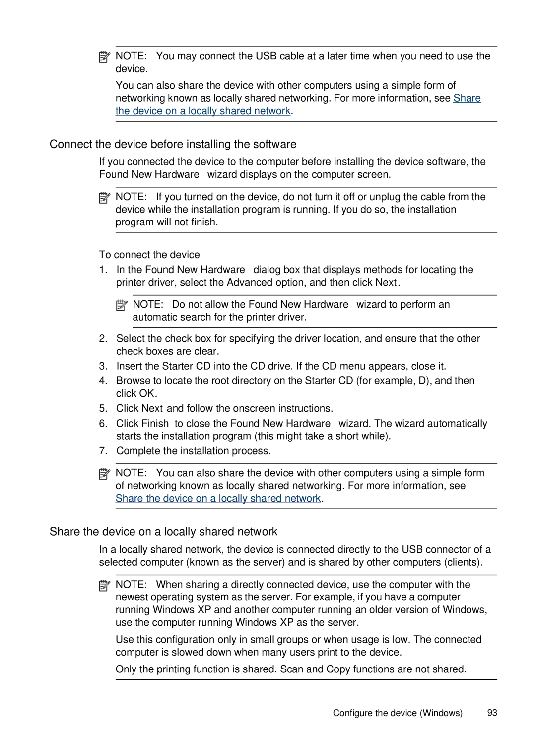 HP J4660 manual Connect the device before installing the software, Share the device on a locally shared network 