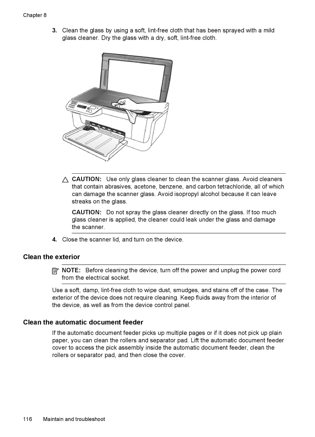 HP J4680, J4660, J4580, J4540, J4550 manual Clean the exterior, Clean the automatic document feeder 