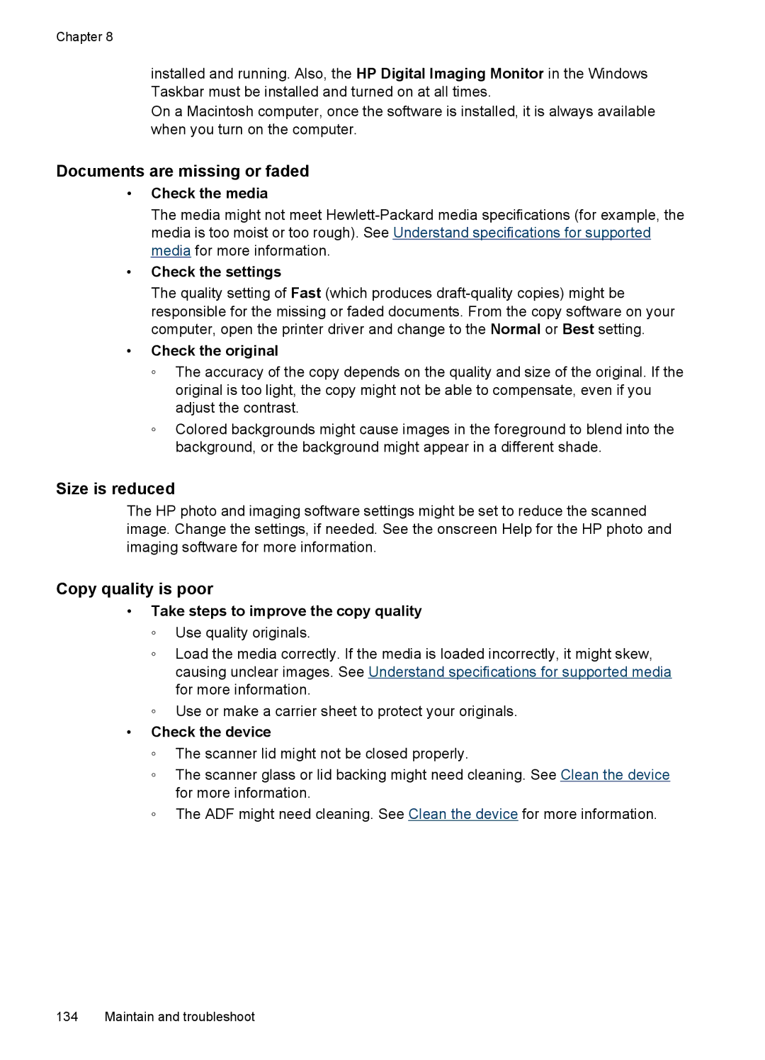 HP J4540 Documents are missing or faded, Size is reduced, Copy quality is poor, Take steps to improve the copy quality 