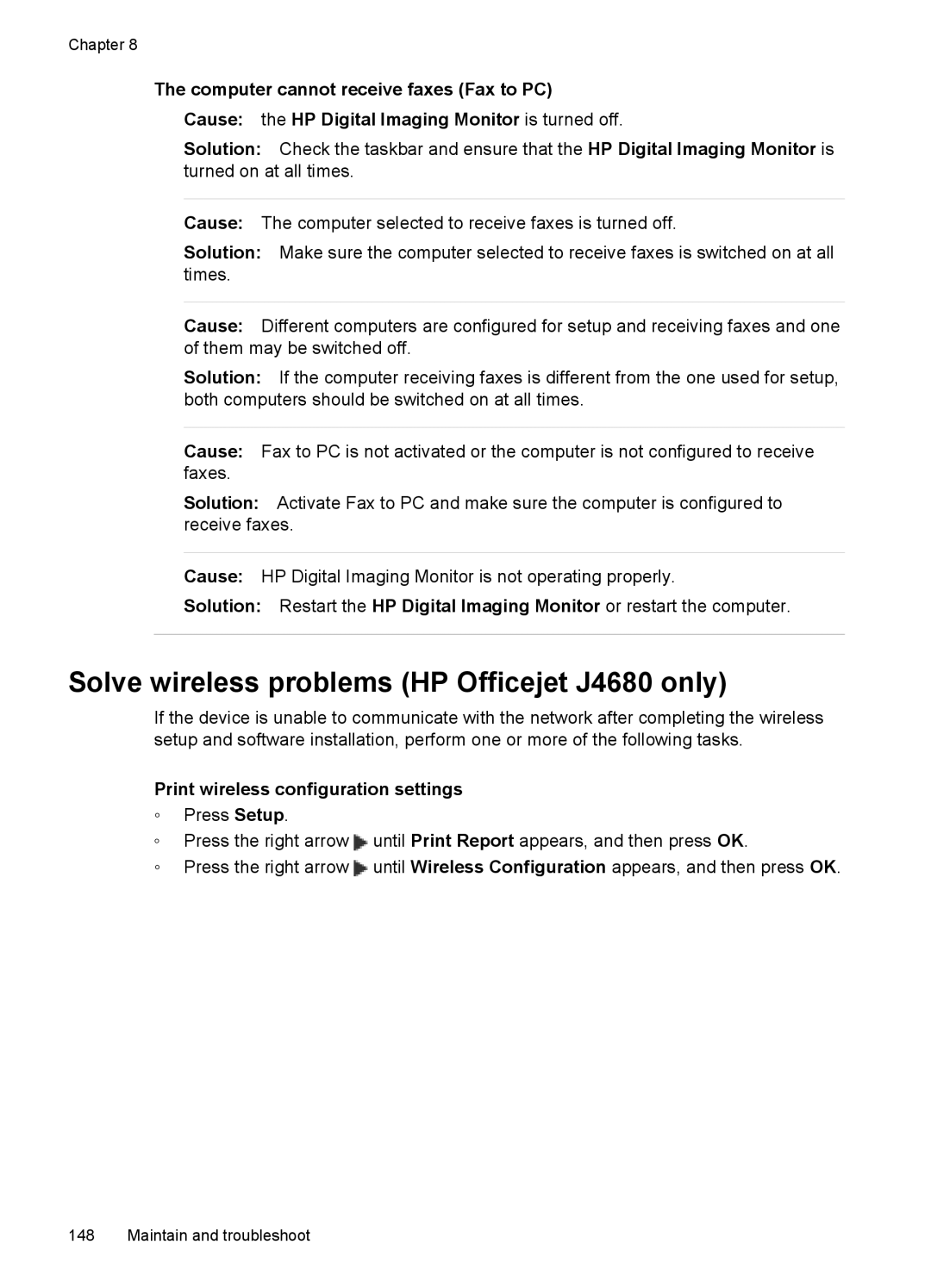 HP J4580, J4660, J4540, J4550 manual Solve wireless problems HP Officejet J4680 only, Print wireless configuration settings 