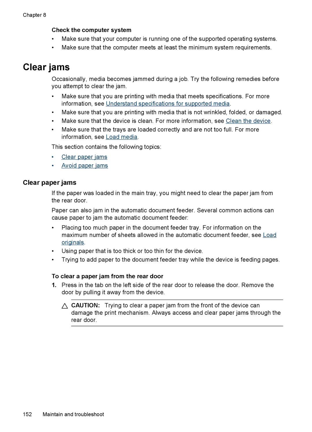 HP J4660, J4680, J4580, J4540, J4550 manual Clear jams, Clear paper jams, To clear a paper jam from the rear door 