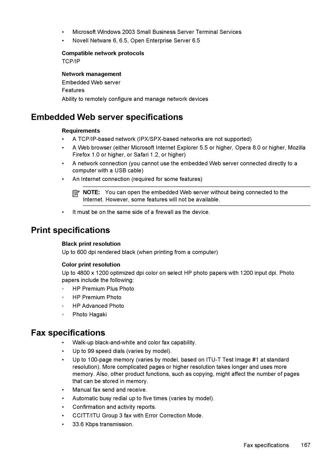 HP J4660, J4680, J4580, J4540, J4550 manual Embedded Web server specifications, Print specifications, Fax specifications 