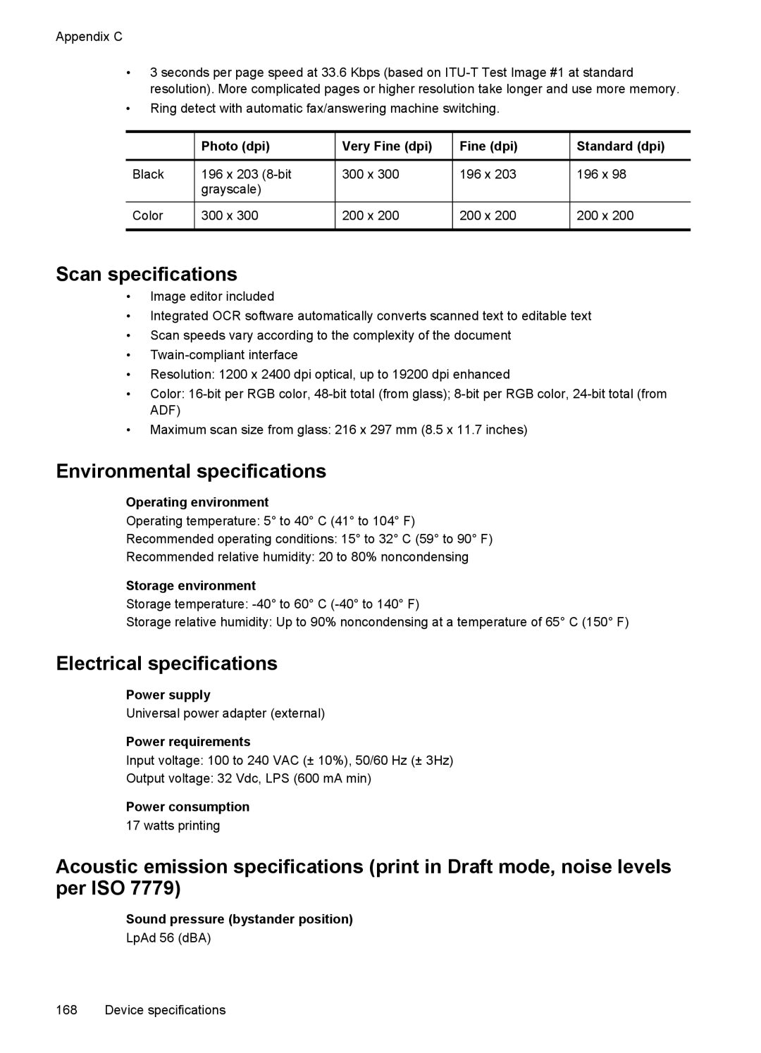 HP J4580, J4680, J4660, J4540, J4550 manual Scan specifications, Environmental specifications, Electrical specifications 