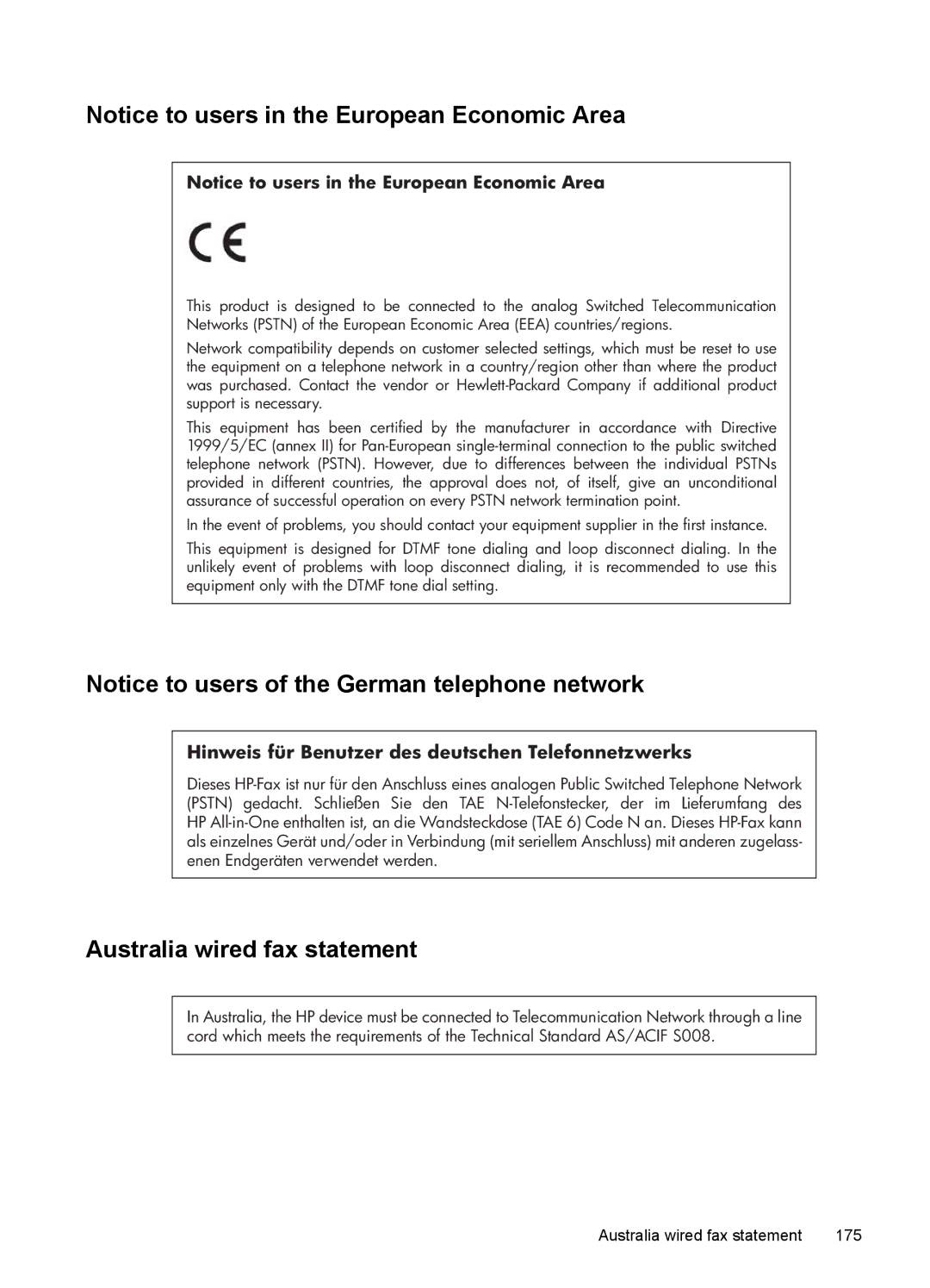 HP J4550, J4680, J4660, J4580, J4540 manual Australia wired fax statement, Hinweis für Benutzer des deutschen Telefonnetzwerks 