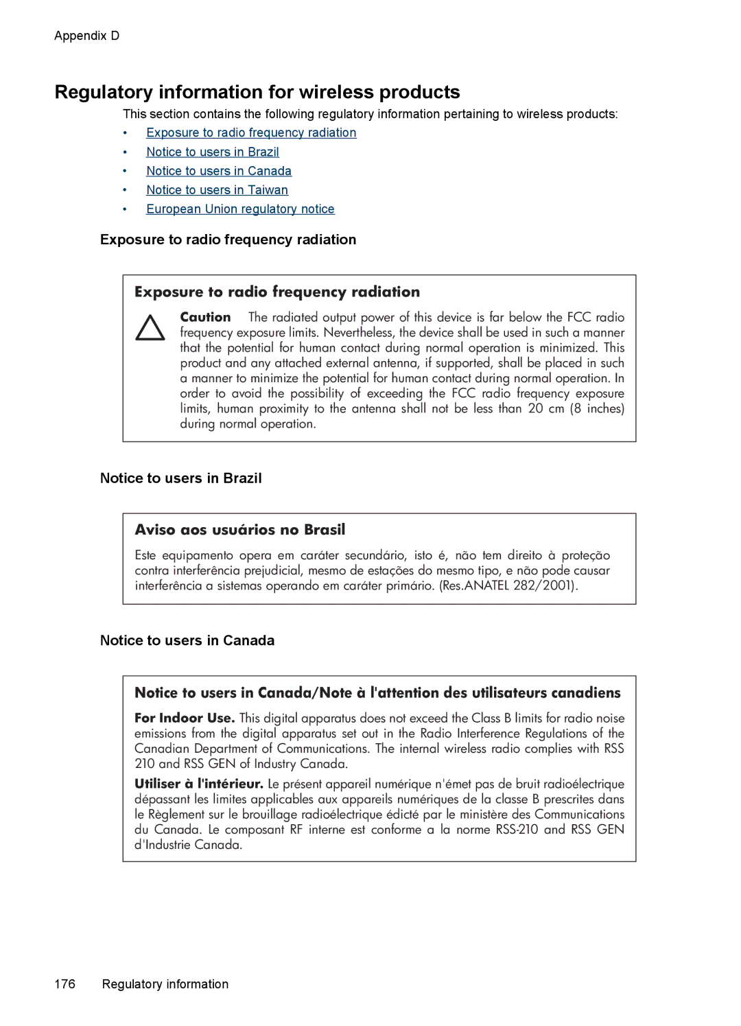 HP J4680, J4660, J4580, J4540, J4550 manual Regulatory information for wireless products, Exposure to radio frequency radiation 