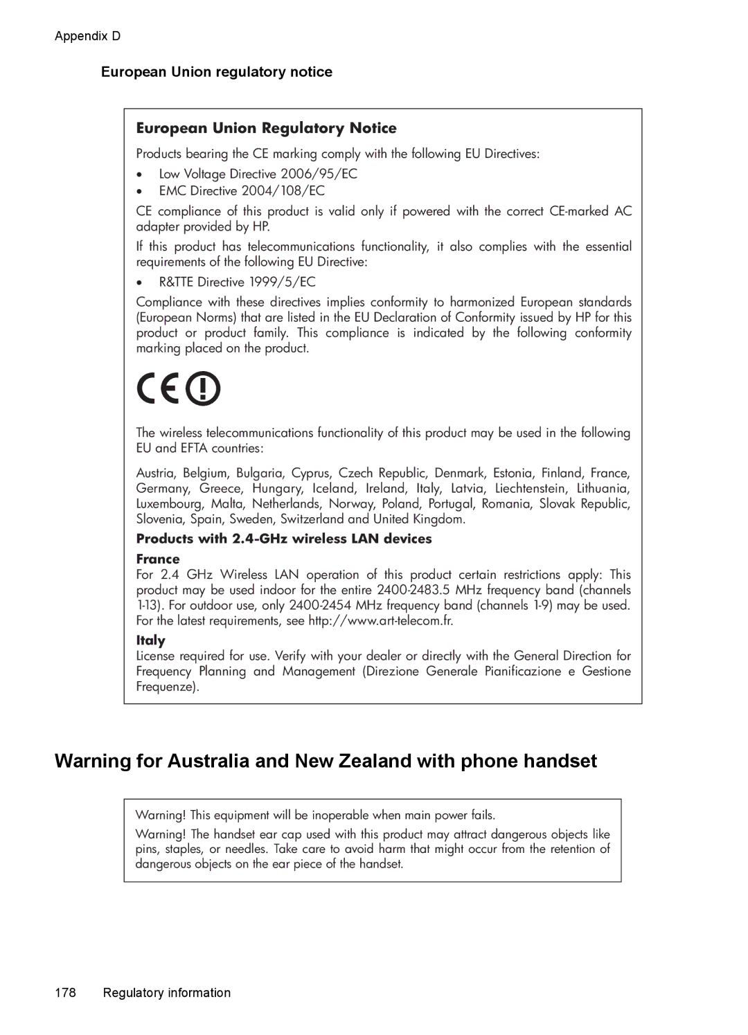 HP J4580, J4680, J4660, J4540, J4550 manual European Union regulatory notice, European Union Regulatory Notice 