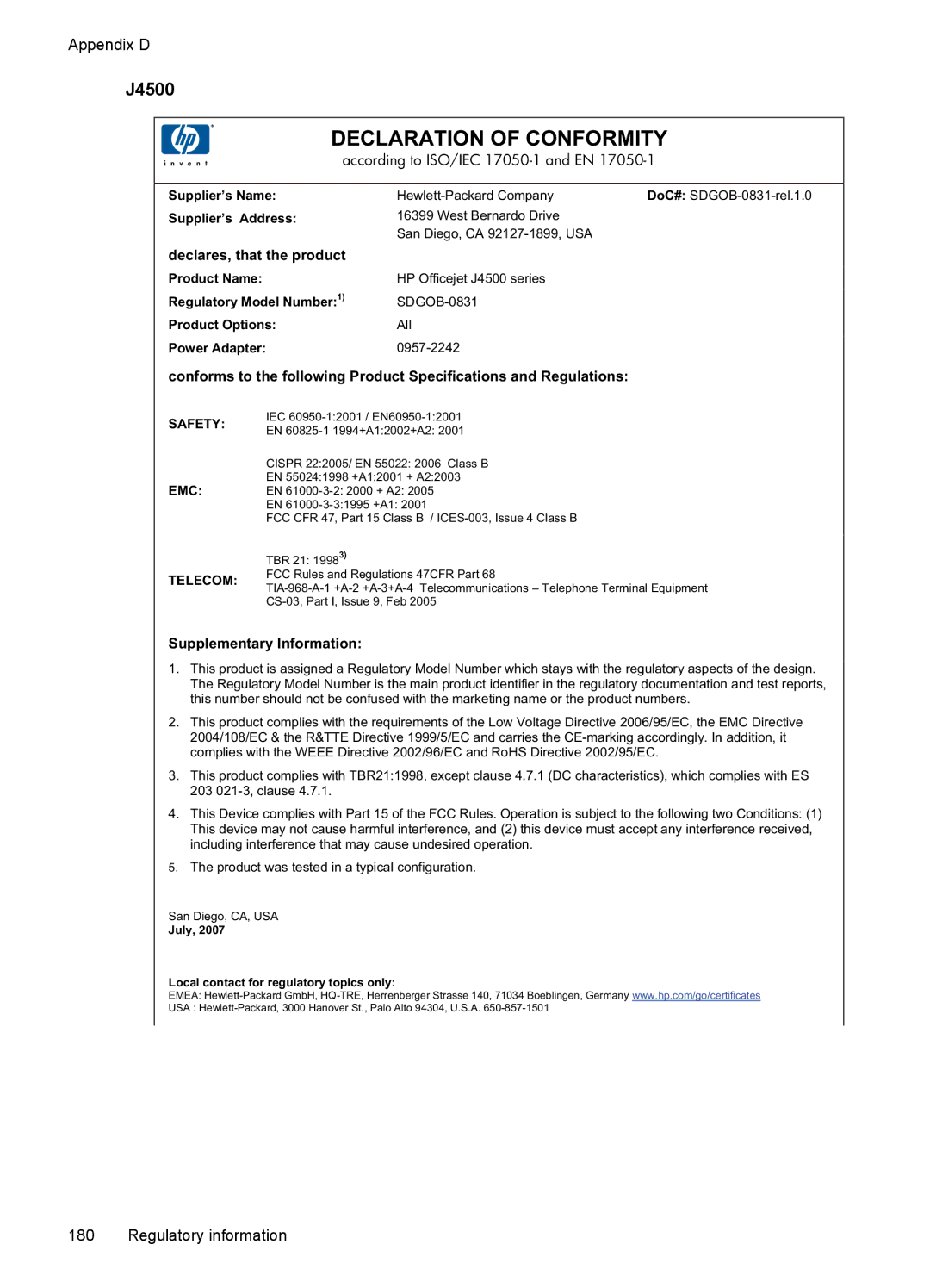 HP J4550, J4680, J4660, J4580, J4540 manual Declaration of Conformity, J4500 