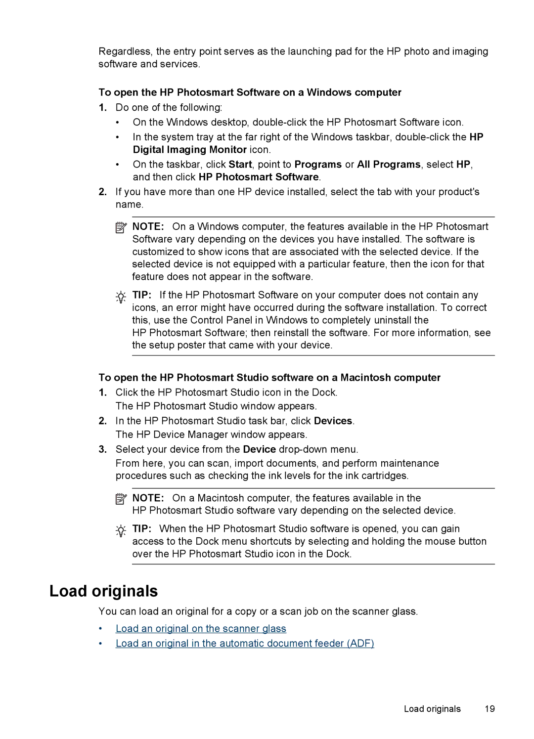 HP J4540, J4680, J4660, J4580, J4550 manual Load originals, To open the HP Photosmart Software on a Windows computer 