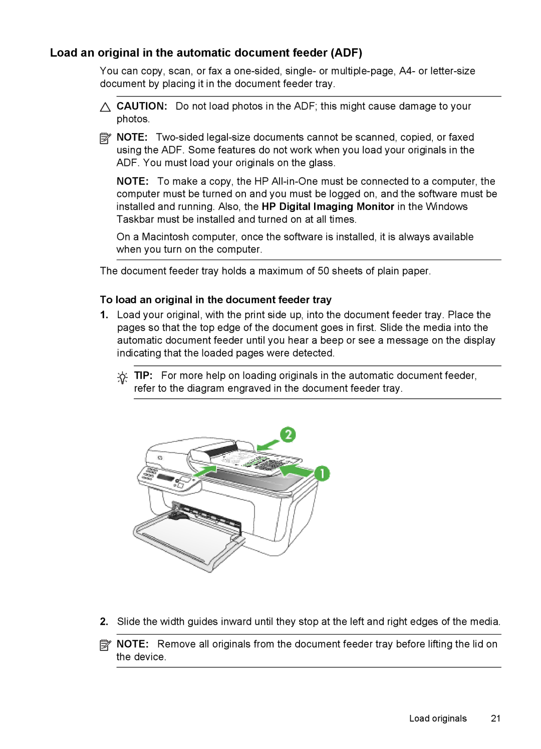 HP J4680, J4660 Load an original in the automatic document feeder ADF, To load an original in the document feeder tray 