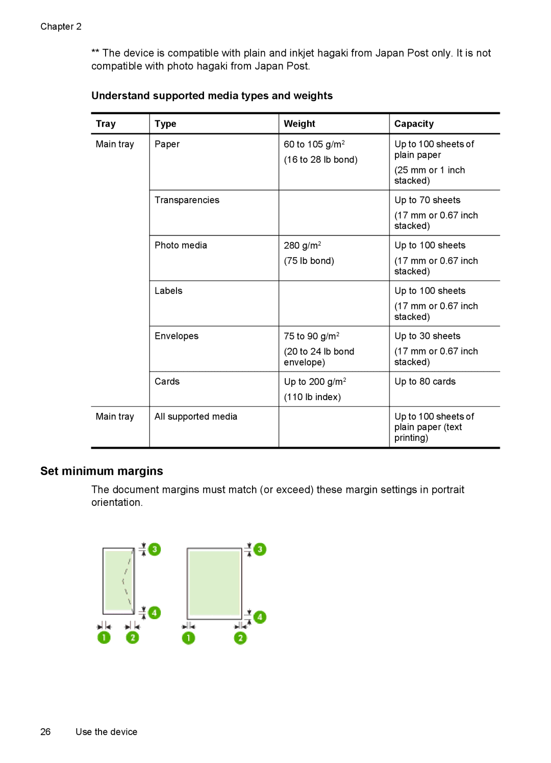 HP J4680, J4660, J4580, J4540 Set minimum margins, Understand supported media types and weights, Tray Type Weight, Capacity 