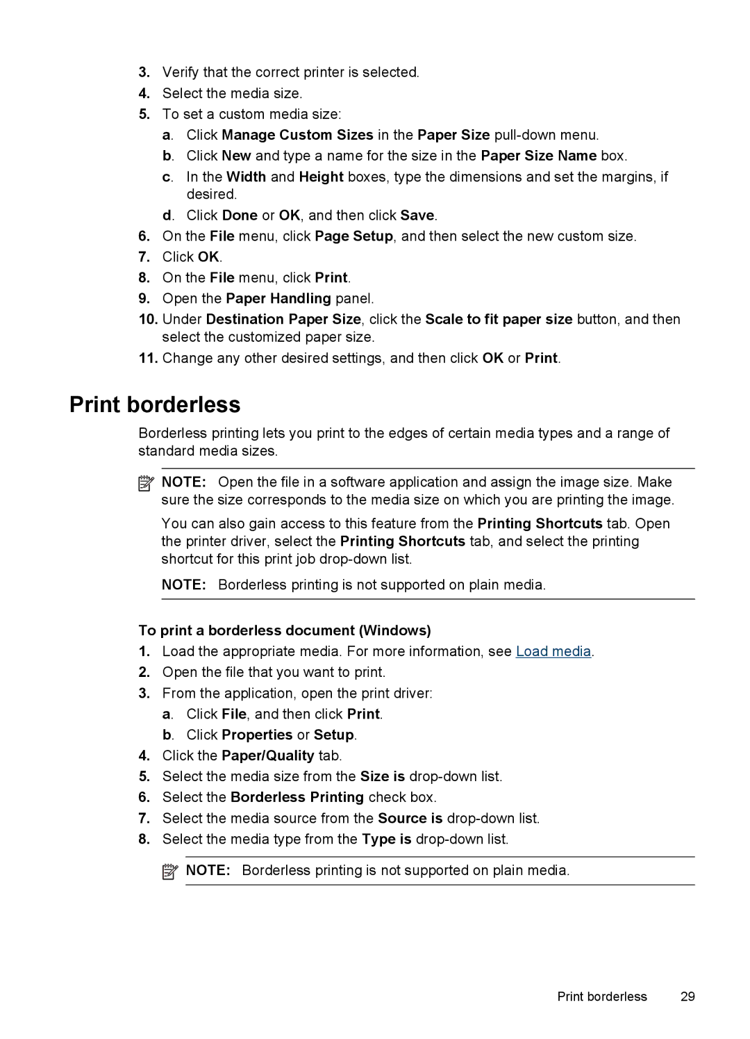 HP J4540, J4680 Print borderless, Click Manage Custom Sizes in the Paper Size pull-down menu, Click Properties or Setup 