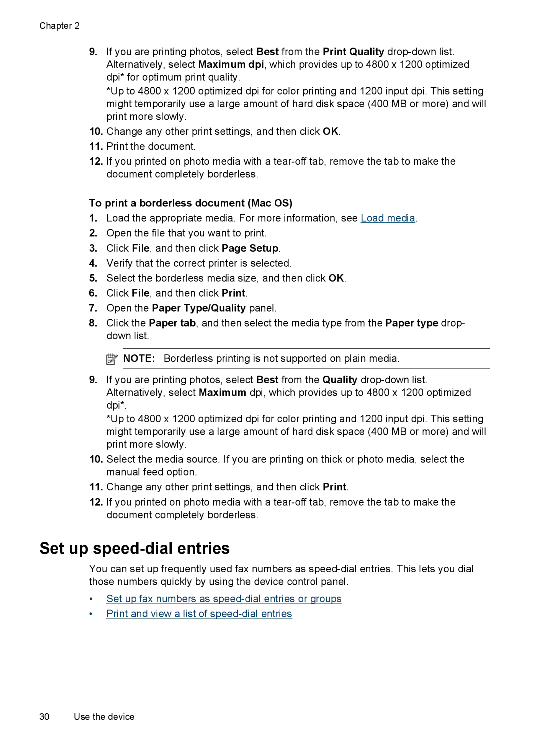 HP J4550, J4680, J4660 Set up speed-dial entries, To print a borderless document Mac OS, Open the Paper Type/Quality panel 