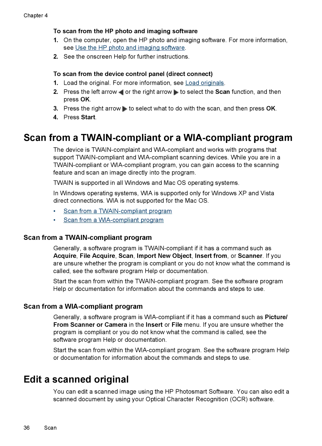 HP J4680, J4660, J4580, J4540, J4550 manual Scan from a TWAIN-compliant or a WIA-compliant program, Edit a scanned original 