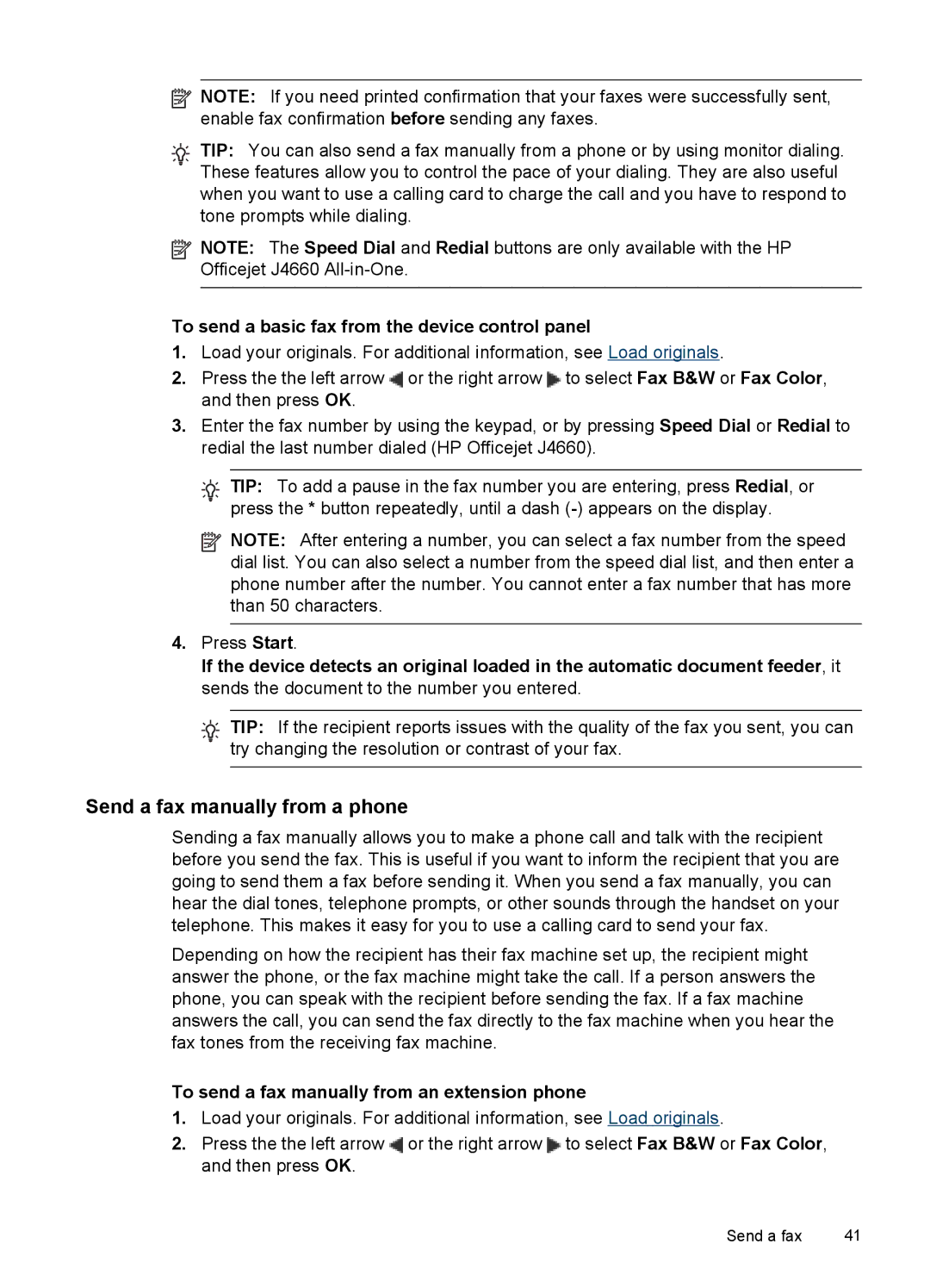 HP J4680, J4660, J4580, J4540, J4550 Send a fax manually from a phone, To send a basic fax from the device control panel 