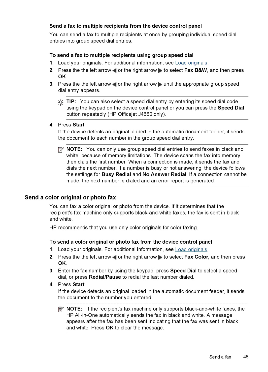 HP J4550, J4680, J4660 manual Send a color original or photo fax, To send a fax to multiple recipients using group speed dial 