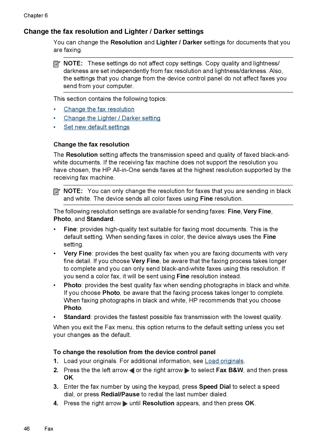 HP J4680 Change the fax resolution and Lighter / Darker settings, To change the resolution from the device control panel 