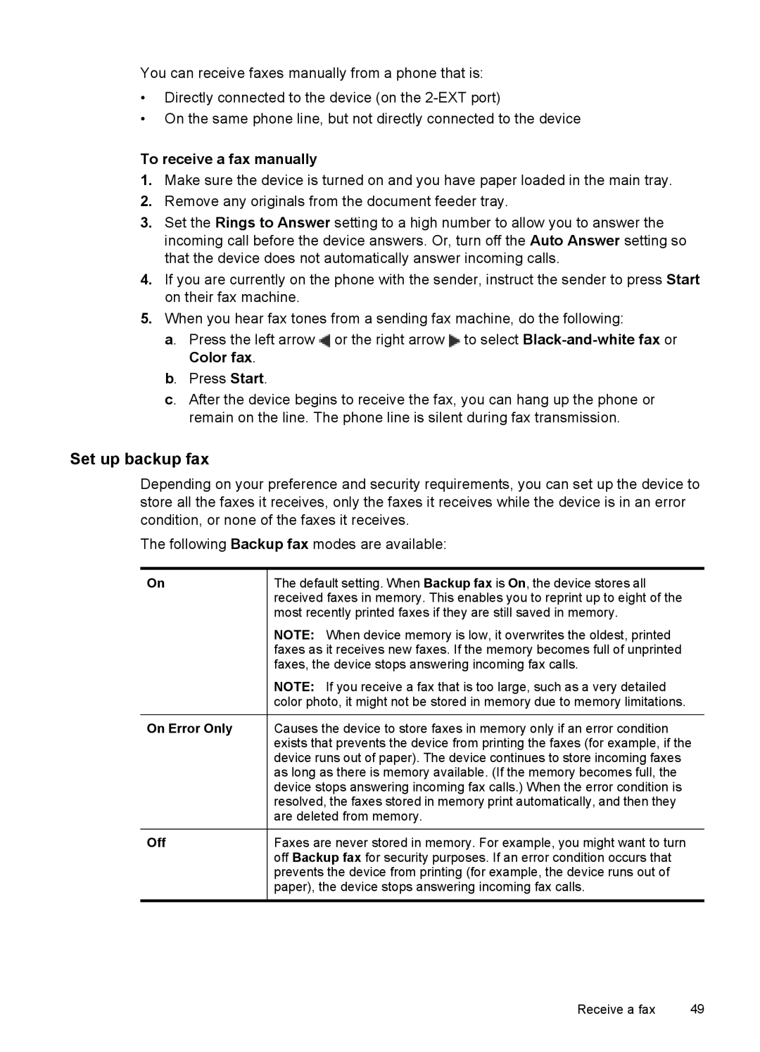 HP J4540, J4680, J4660, J4580, J4550 Set up backup fax, To receive a fax manually, On Error Only, Off 