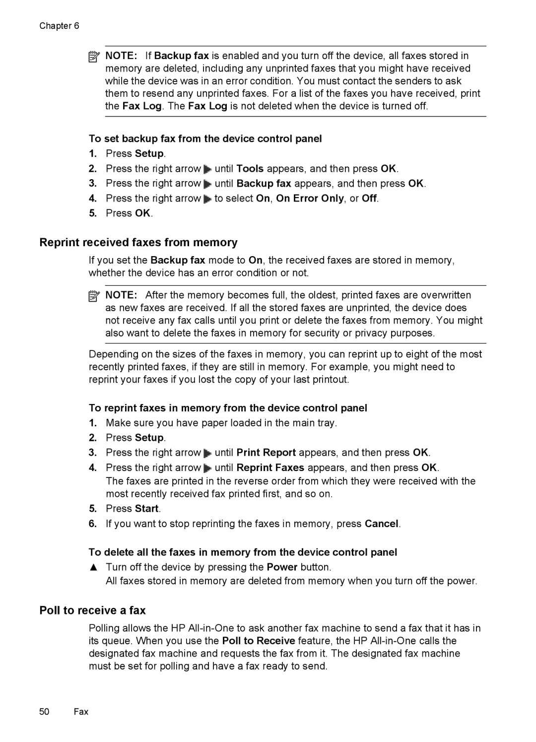 HP J4550, J4680 Reprint received faxes from memory, Poll to receive a fax, To set backup fax from the device control panel 