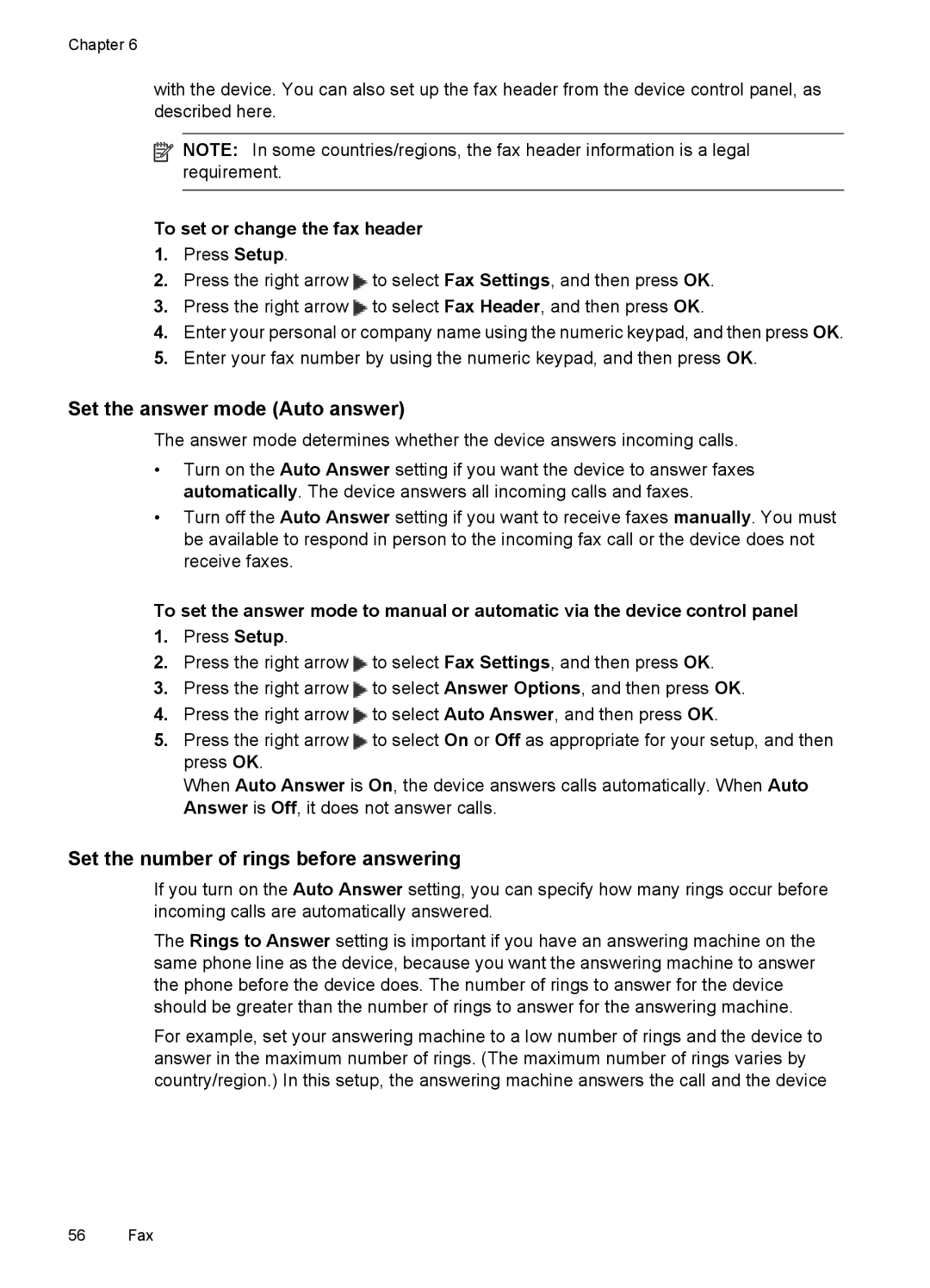 HP J4680, J4660 Set the answer mode Auto answer, Set the number of rings before answering, To set or change the fax header 