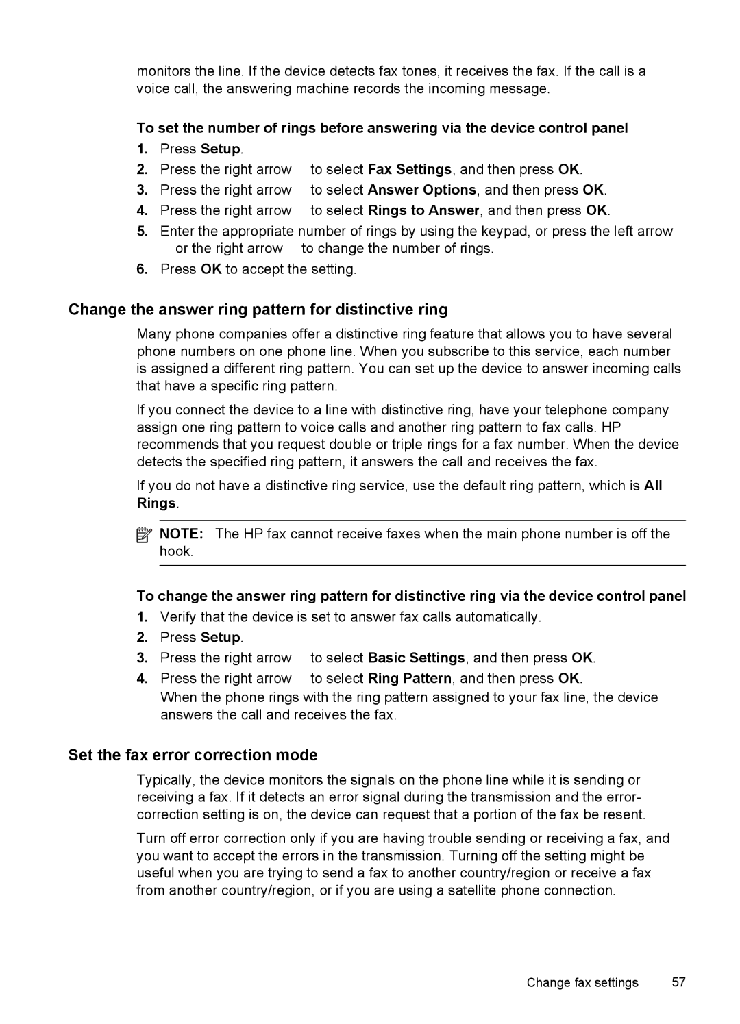 HP J4660, J4680, J4580, J4540, J4550 Change the answer ring pattern for distinctive ring, Set the fax error correction mode 