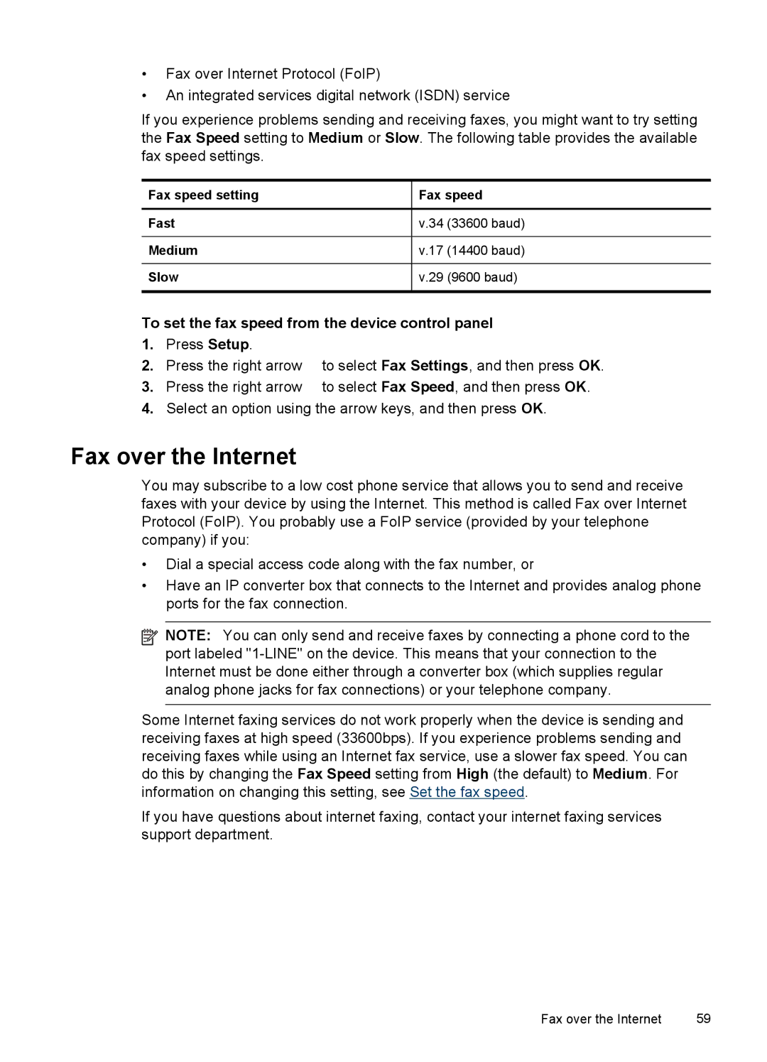 HP J4540 Fax over the Internet, To set the fax speed from the device control panel, Fax speed setting Fast, Medium, Slow 