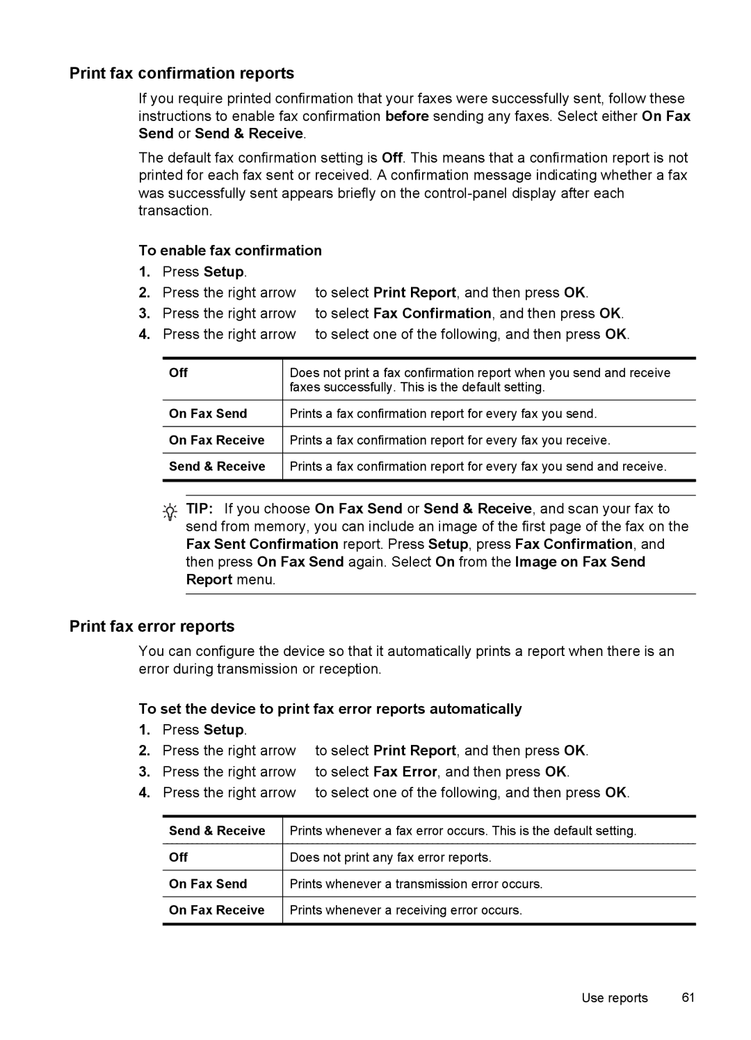 HP J4680, J4660, J4580, J4540, J4550 manual Print fax confirmation reports, Print fax error reports, To enable fax confirmation 