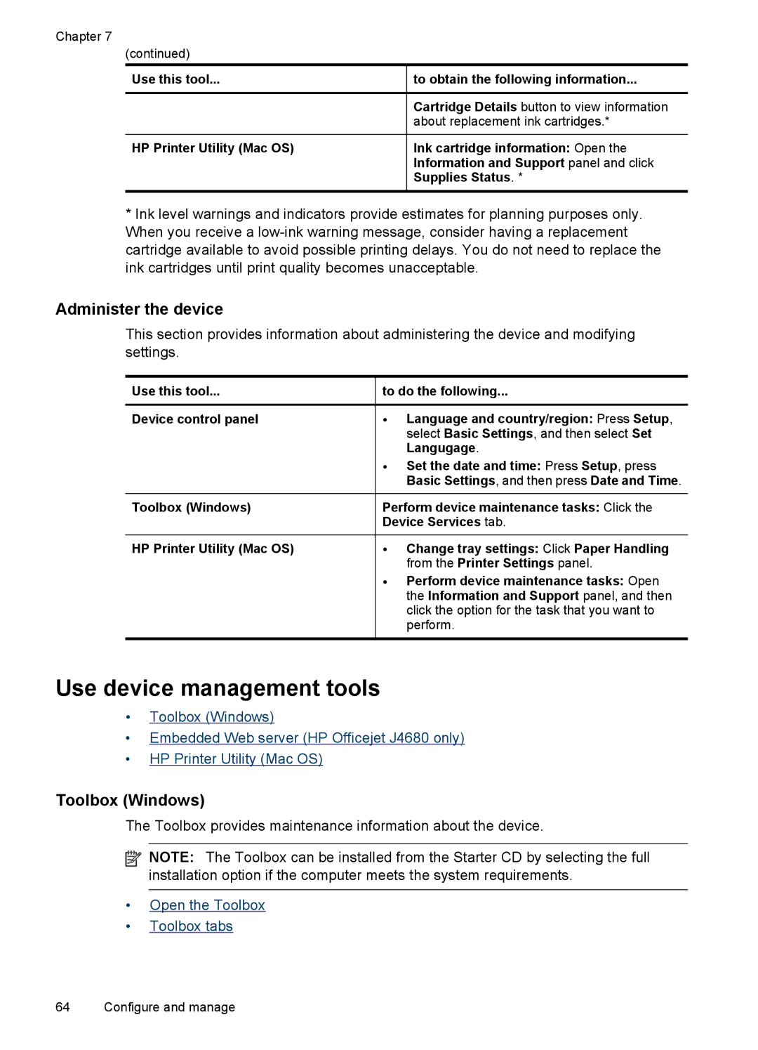 HP J4540, J4680, J4660, J4580, J4550 manual Use device management tools, Administer the device, Toolbox Windows 