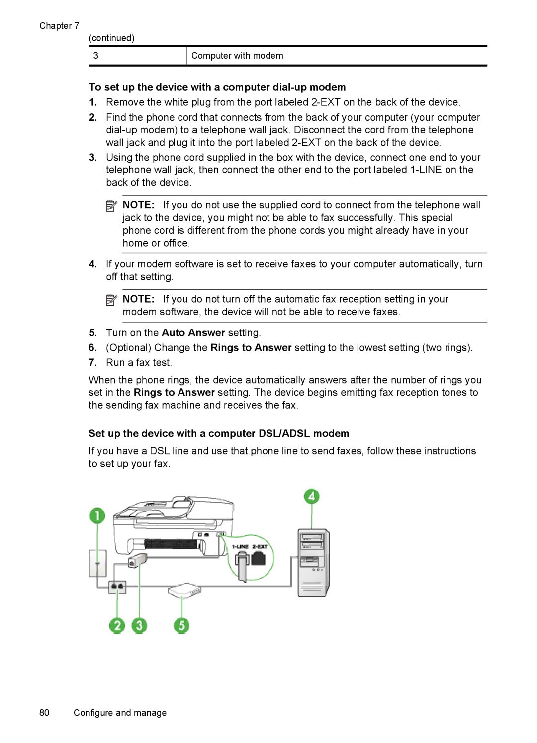 HP J4550, J4680, J4660 To set up the device with a computer dial-up modem, Set up the device with a computer DSL/ADSL modem 