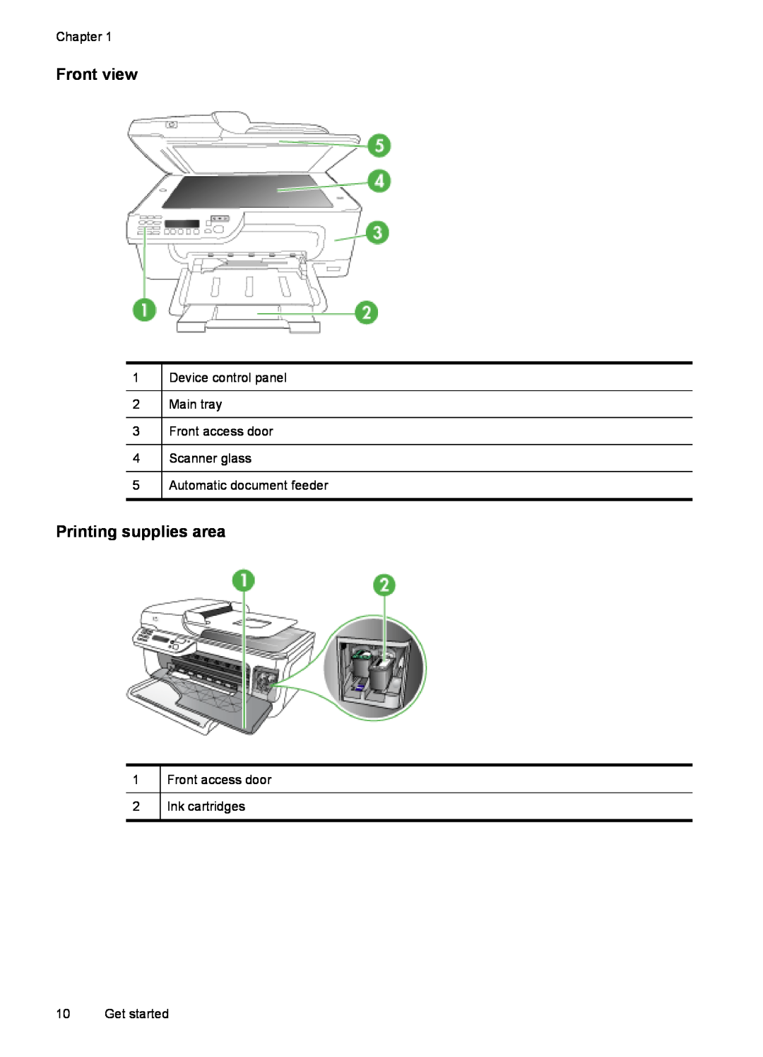 HP J4550 Front view, Printing supplies area, Chapter, Device control panel 2 Main tray 3 Front access door, Get started 