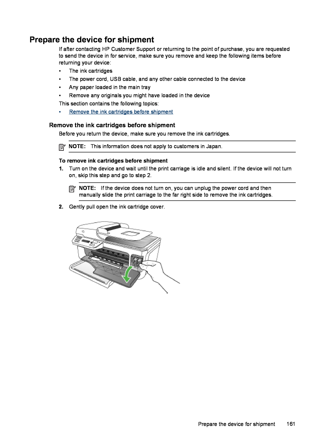 HP J4680, J4660, J4580, J4540, J4550 manual Prepare the device for shipment, Remove the ink cartridges before shipment 