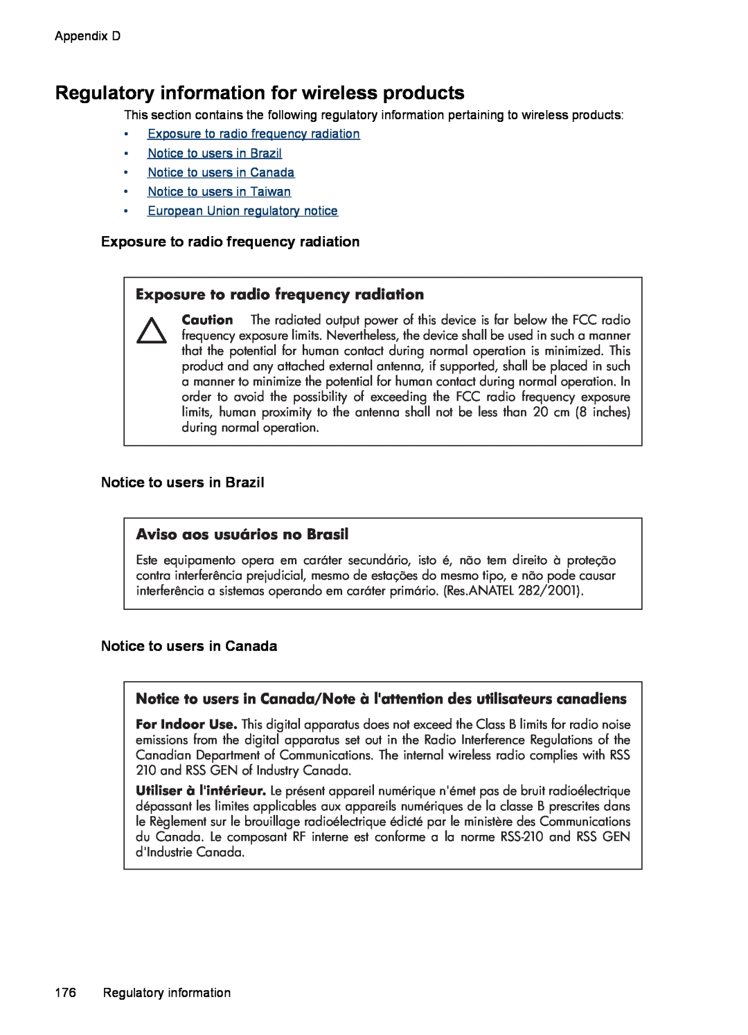 HP J4680 Regulatory information for wireless products, Exposure to radio frequency radiation, Notice to users in Brazil 