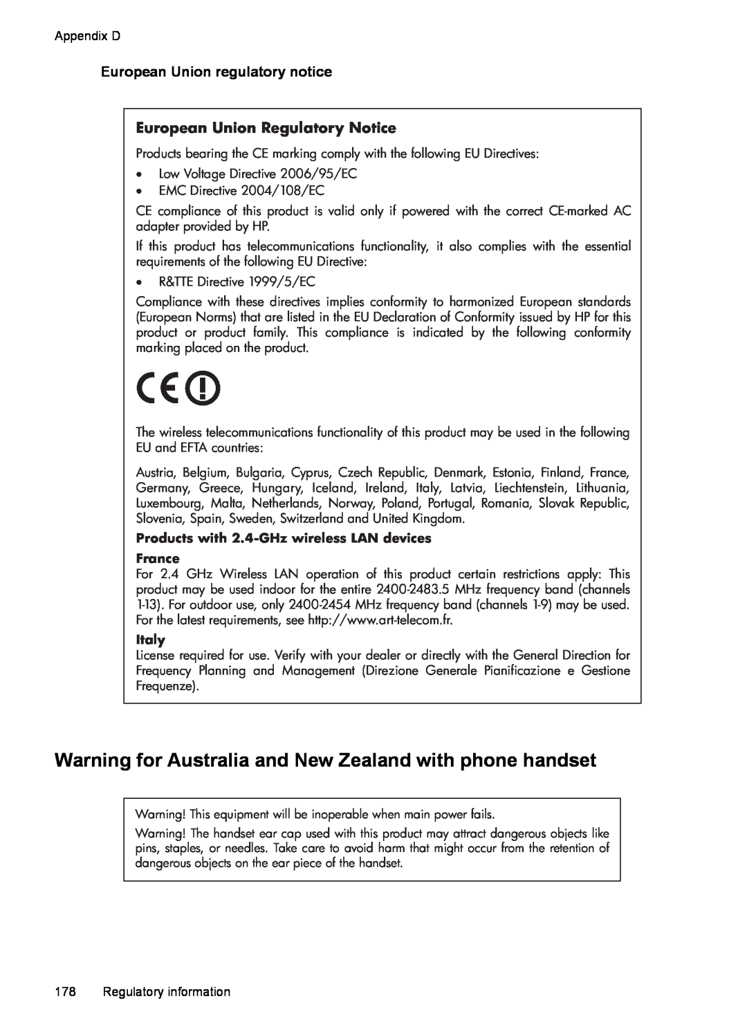 HP J4580, J4680, J4660 Warning for Australia and New Zealand with phone handset, European Union regulatory notice, Italy 