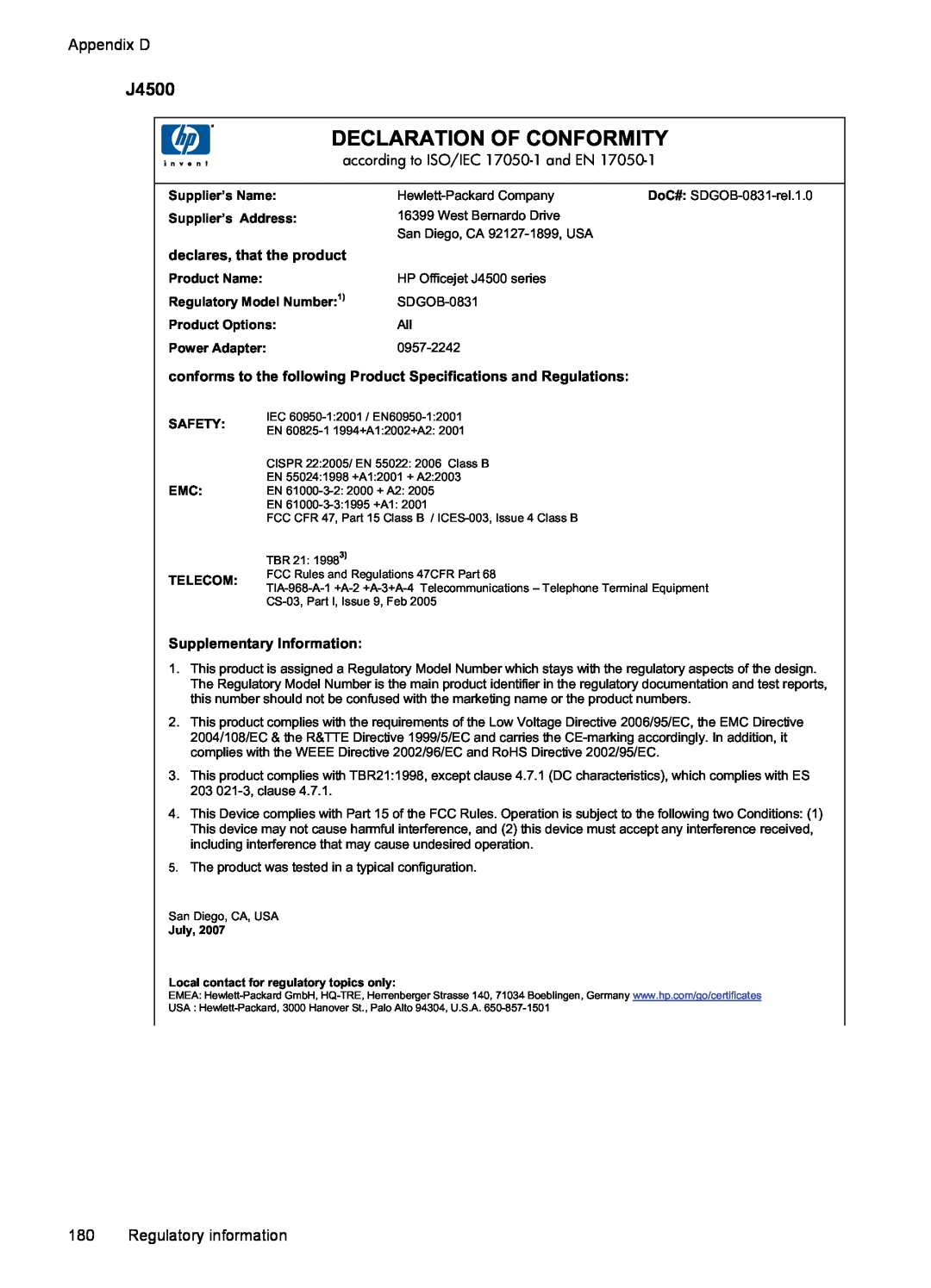 HP J4550, J4680 Declaration Of Conformity, J4500, Appendix D, Regulatory information, according to ISO/IEC 17050-1 and EN 