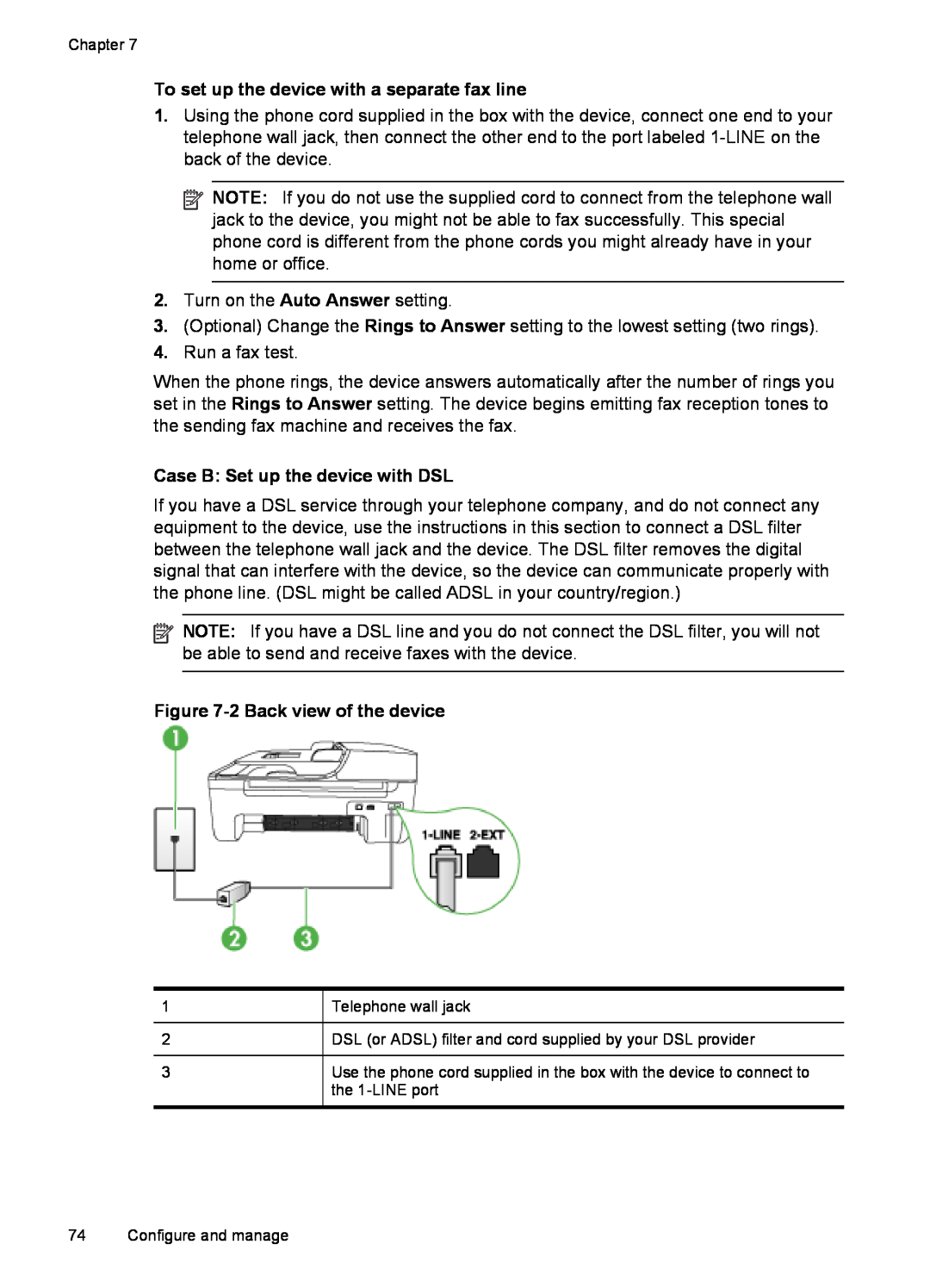 HP J4540 manual To set up the device with a separate fax line, Case B Set up the device with DSL, 2 Back view of the device 