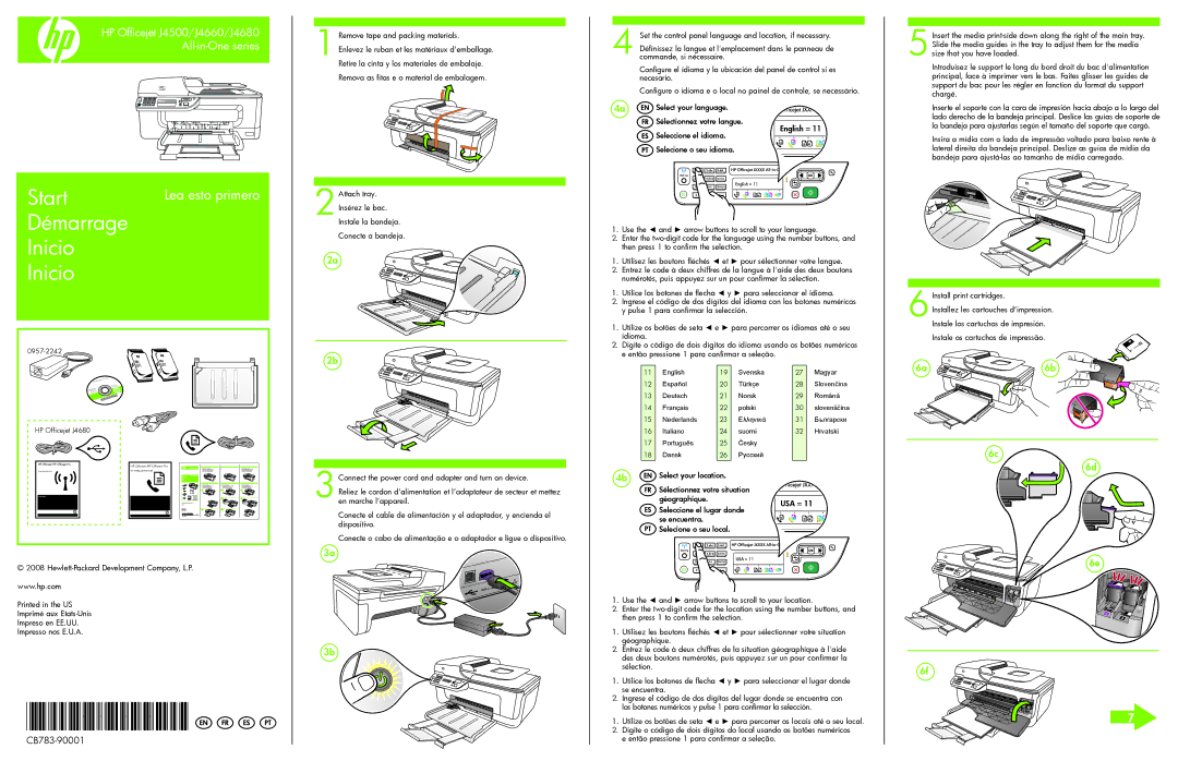 HP J4680c, J4660 manual Start, Démarrage Inicio, CB783-90001* *CB783-90001, 6a 6b 