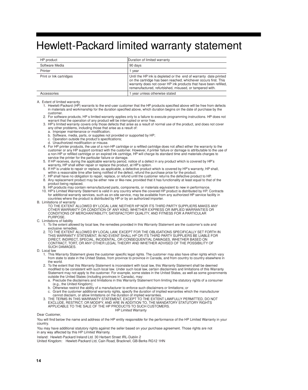 HP J5740, J5788, J5780, J5730 manual Hewlett-Packard limited warranty statement 