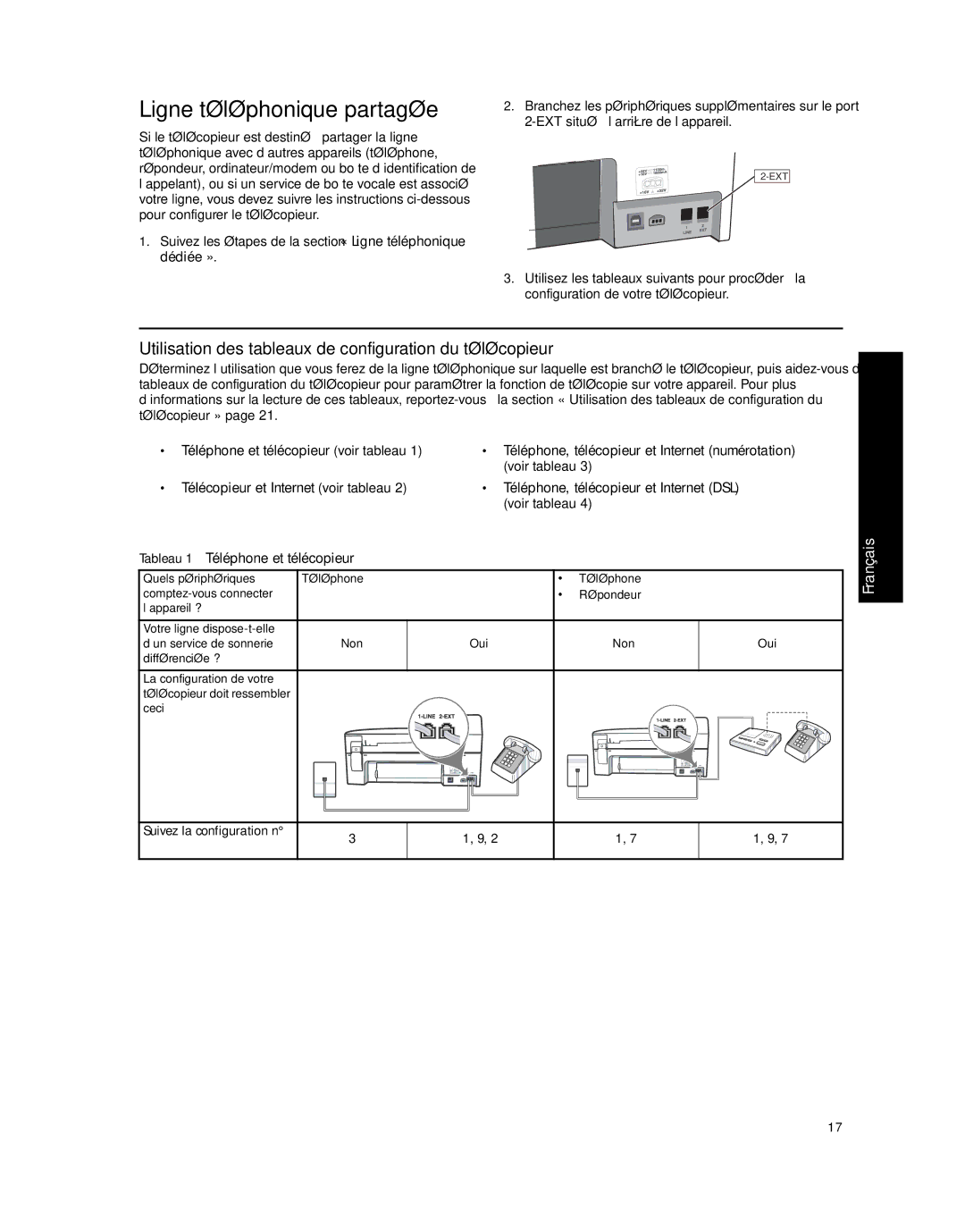 HP J5780 Ligne téléphonique partagée, Utilisation des tableaux de configuration du télécopieur, Suivez la configuration n 