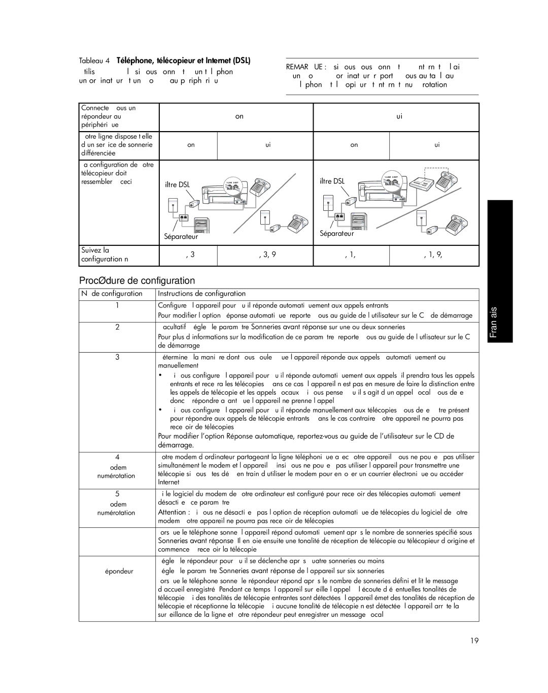 HP J5730, J5788, J5780, J5740 manual Procédure de configuration, Tableau 4 Téléphone, télécopieur et Internet DSL, Non Oui 