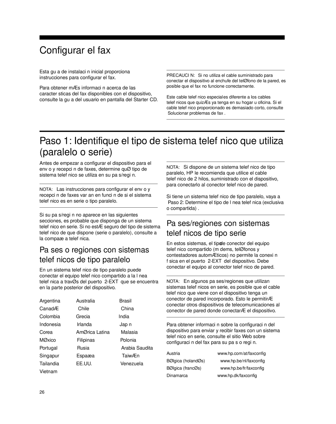 HP J5740, J5788, J5780, J5730 manual Configurar el fax, Austria Bélgica holandés Bélgica francés Dinamarca 